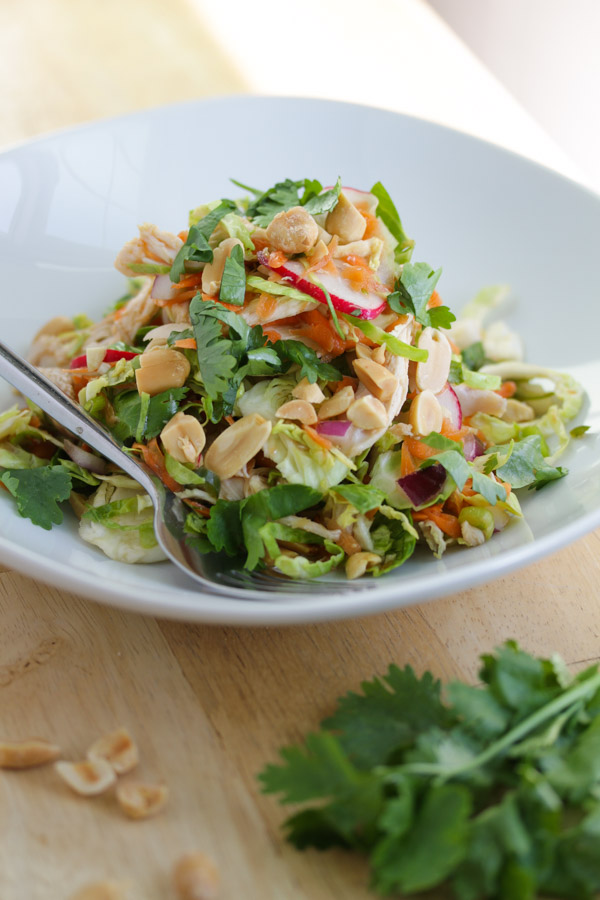 a refreshing, asian-inspired brussels sprouts salad bursting with ginger and peanut flavors, crunchy vegetables, and shredded chicken. healthy and simple.