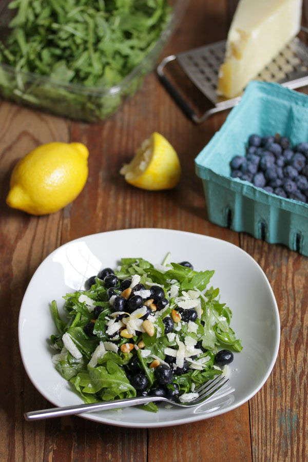 this blueberry arugula salad is quick to assemble and delicious - perfect for summer! add chicken for a meal or keep it as a vegetarian side.