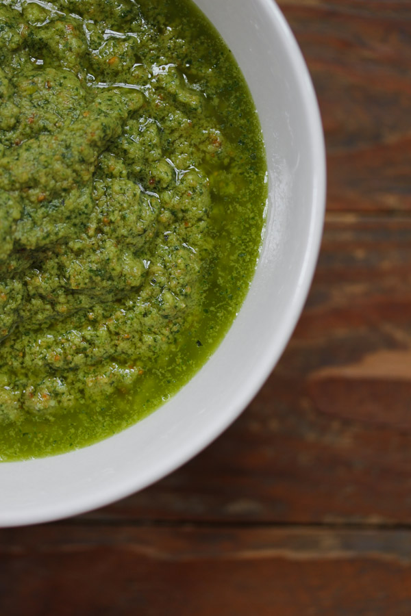 this versatile almond basil pesto combines plenty of basil with almonds, romano, lemon, and crushed red pepper for a zippy variation on traditional pesto.