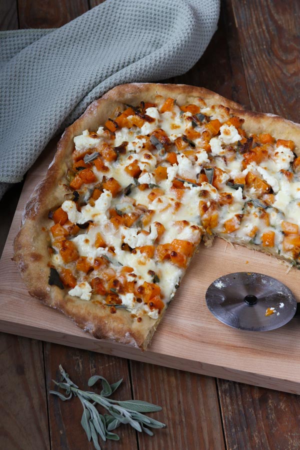 sage and goat cheese make this roasted butternut squash pizza extra delicious. it's great in fall and winter with a simple salad for dinner.