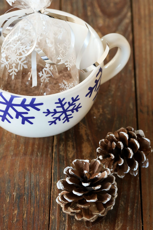 mug brownie mix packaged for the holidays in a snowflake mug