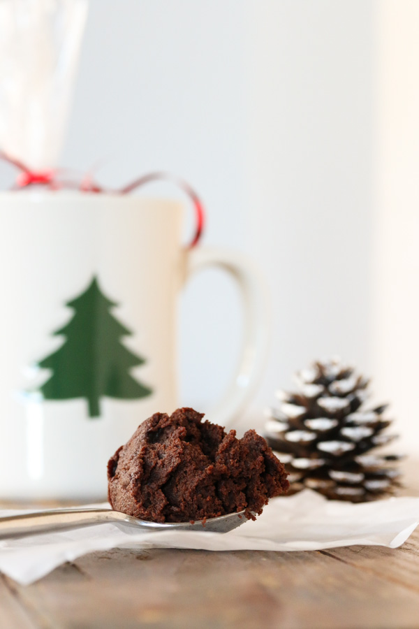 a spoonful of chocolate mug brownie, with a mug and christmas decorations in the background