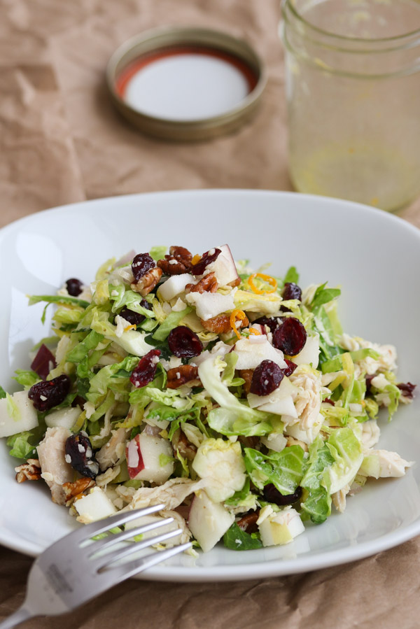 crunchy apple and brussels sprout salad combines with dried cranberries, cheddar, and shallots in this tasty salad topped with a bright citrus dressing.