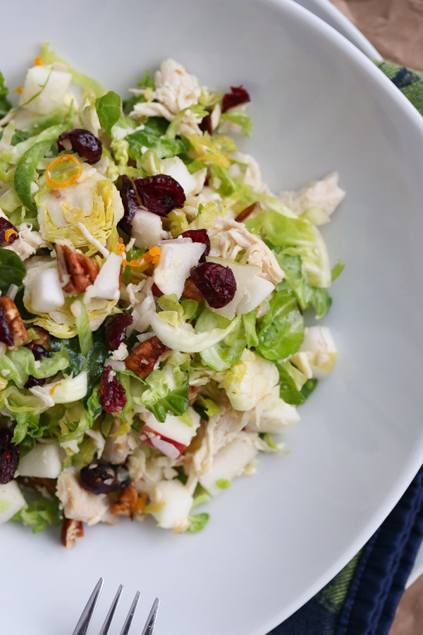 crunchy apple and brussels sprout salad combines with dried cranberries, cheddar, and shallots in this tasty salad topped with a bright citrus dressing.