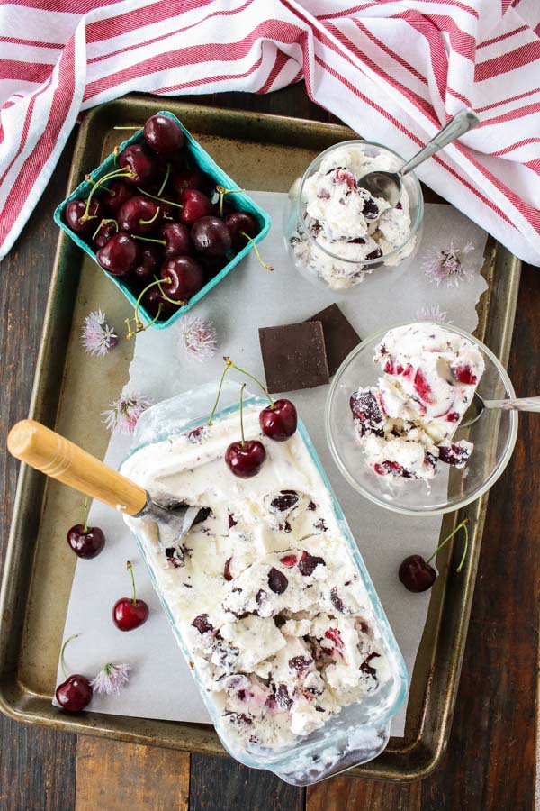 chocolate cherry rosemary ice cream combines fresh cherries with chocolate and a hint of rosemary to make a refreshing summer ice cream.