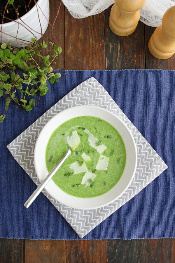 fresh pea soup uses frozen peas for convenience and mint for delicious flavor. it’s quick and easy since there are no peas to shell.