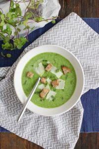 fresh pea soup uses frozen peas for convenience and mint for delicious flavor. it’s quick and easy since there are no peas to shell.