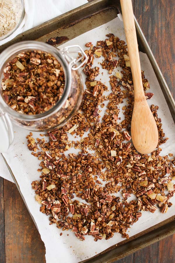 this ginger granola is excellent with fresh fruit and yogurt for breakfast, light lunch, a snack, or dessert. easy to make and adaptable. 