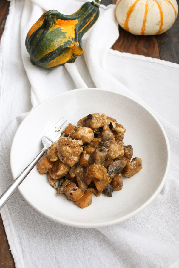 this cider glazed chicken with mushrooms and butternut squash is easy to make, comes together quickly, and incorporates great fall flavors.