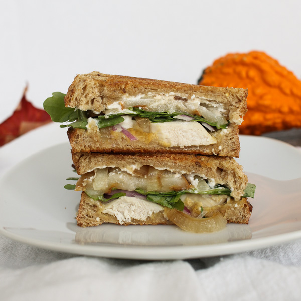 this pear, goat cheese, and chicken panini combines delicious fall flavors in a quick and easy sandwich that you can customize to your taste.