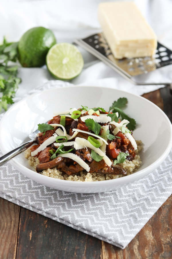 mexican quinoa with black beans and chorizo combines bold flavors with a bit of spice for a great weeknight dinner. gluten free with vegan option.