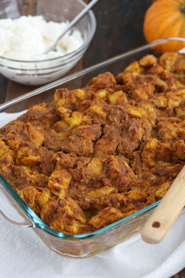 pumpkin bread pudding has delicious pumpkin and pumpkin pie spice flavor and is easy to put together. can be made ahead, great leftovers.