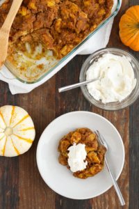 pumpkin bread pudding has delicious pumpkin and pumpkin pie spice flavor and is easy to put together. can be made ahead, great leftovers.