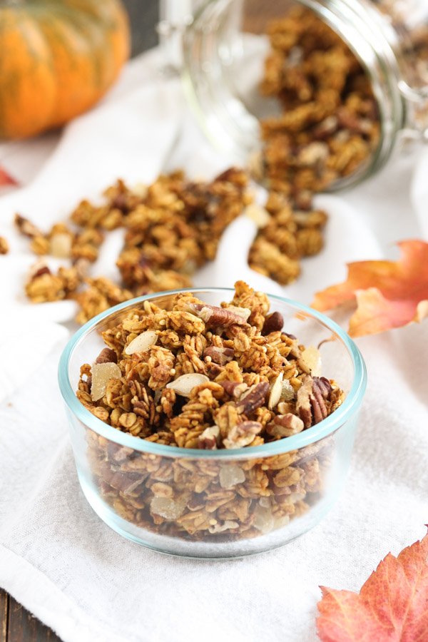 this pumpkin spice granola contains pumpkin puree as well as warming pumpkin spices for a cozy treat. easy to make a big batch and it stores well.