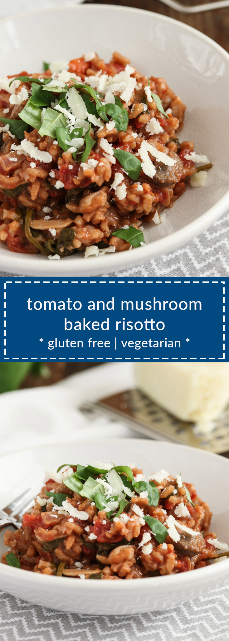 tomato and mushroom baked risotto is easy to prepare since it doesn’t require constant stirring for 30 minutes. it bakes in 20 minutes and reheats well.