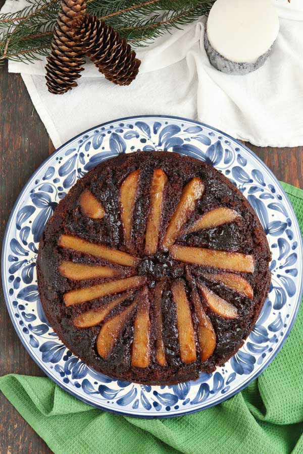 this upside-down pear gingerbread cake is delicious, moist, tender, and easy to assemble. the gingerbread and pear make it perfect for the holidays.