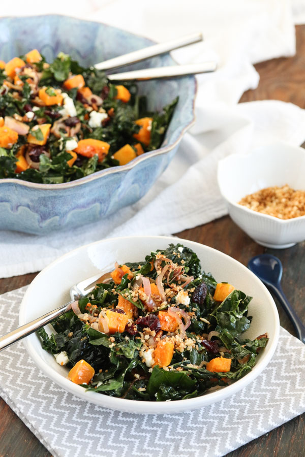 this kale and roasted butternut squash salad has goat cheese, dried cranberries, and garlic toasted panko. in other words, it’s delicious.