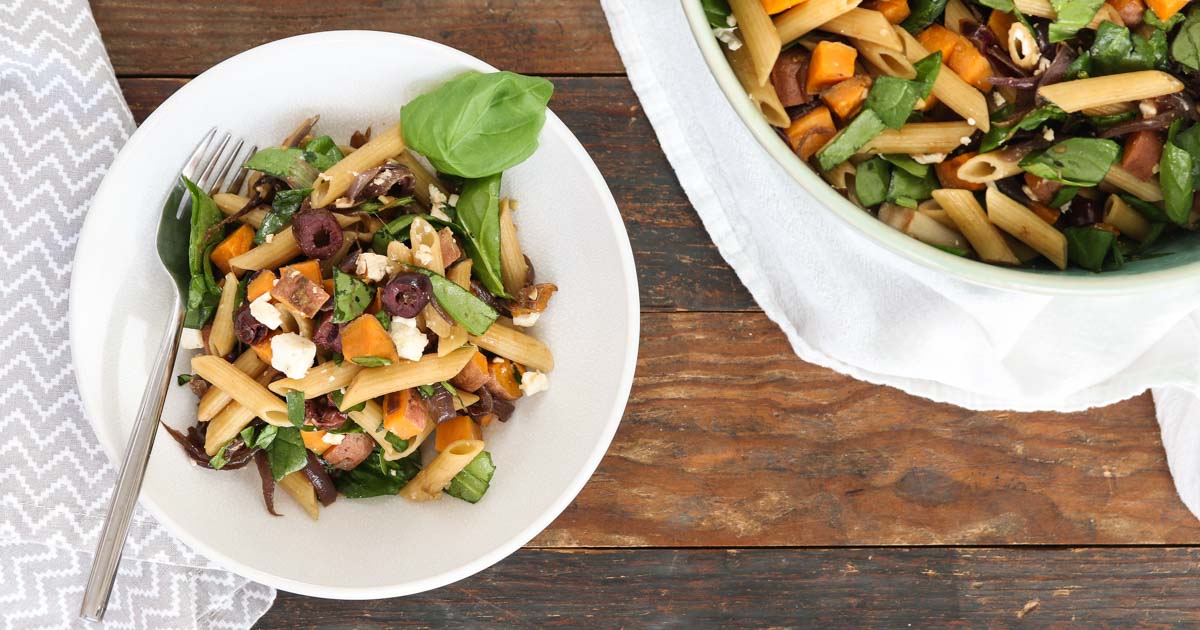 pasta with sweet potatoes, spinach, feta, and olives | tasty seasons