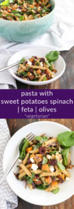 unusual ingredients come together to create this delicious pasta with sweet potatoes, spinach, feta, and olives. scales up to feed a crowd.