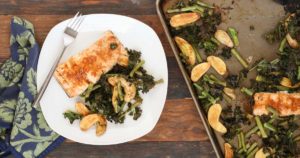 smoky sheet pan salmon and vegetables is quick and easy to put together and a bold dressing makes it delicious, even for salmon-skeptics!