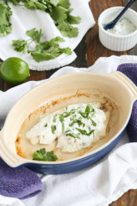 tilapia with cilantro lime yogurt sauce is a healthy, quick dinner with just 6 ingredients. serve with green veggies for a quick meal.