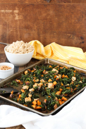 Baked Tofu With Coconutty Kale, Sweet Potatoes, And Mushrooms 