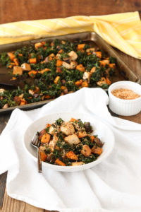 baked tofu with coconutty kale, sweet potatoes, and mushrooms is a delicious and easy dinner. everything cooks in 1 pot and 1 pan.