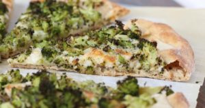 broccoli white pizza has roasted broccoli and a creamy garlic sauce that’s actually vegan – there’s an option to keep the whole pizza vegan/dairy free, if you want.