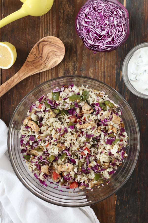 chicken gyro lemon zest rice salad is a delicious, crunchy, flavorful salad that happens to be gluten free and optionally dairy free.