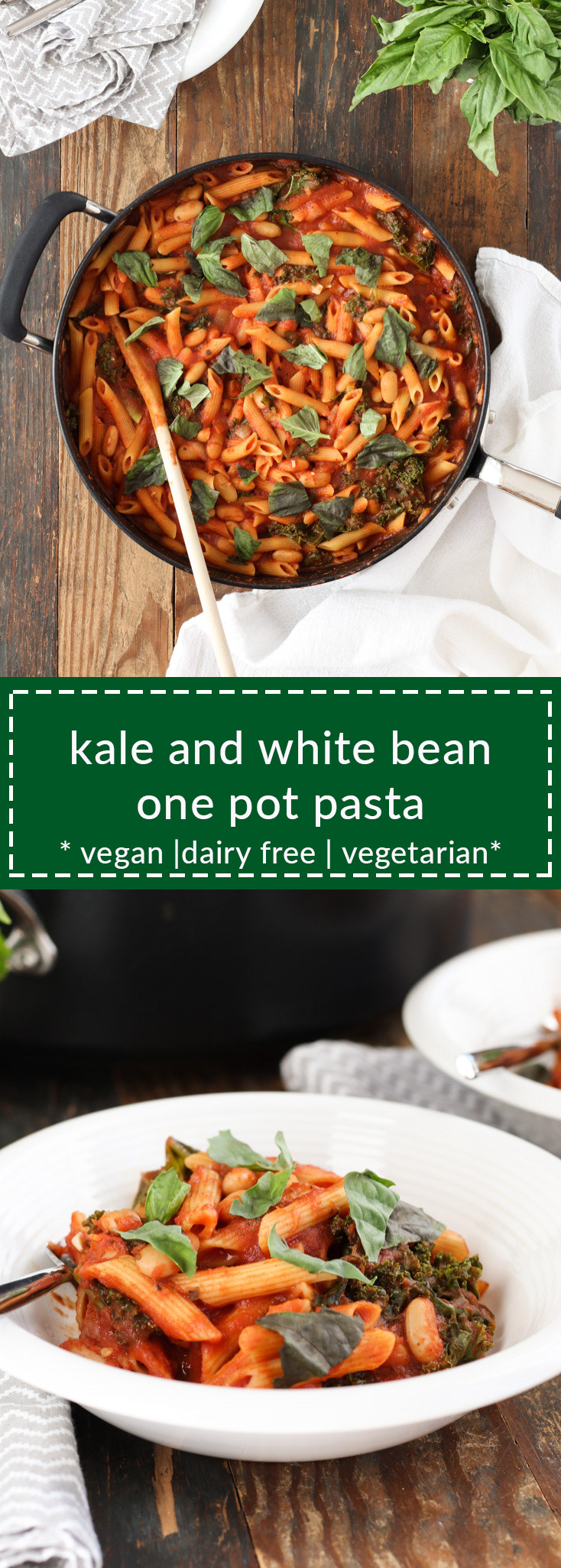 kale and white bean one pot pasta is healthy, fast, and easy. everything cooks in one pot, which means fewer dirty dishes. vegan/vegetarian/dairy free