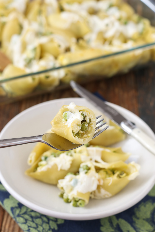 stuffed shells with peas and burrata are perfect for the transition from winter to spring and use frozen peas to keep the recipe easy.
