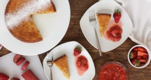 almond cake with strawberry rhubarb compote is perfect for brunch or dessert in the spring. the cake is moist and the compote is easy and quick to make.