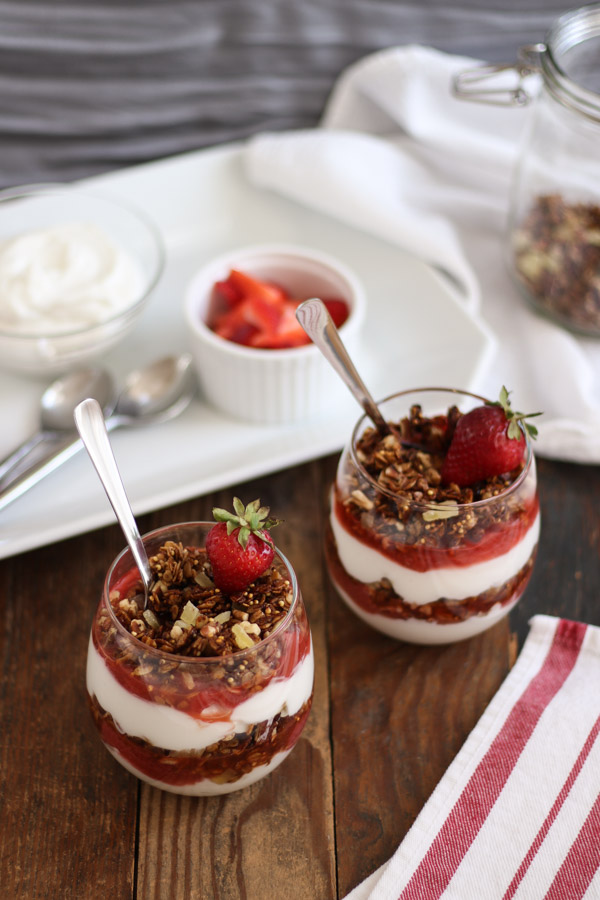 granola and yogurt parfaits with strawberry rhubarb compote make a great breakfast, snack, or dessert, perfect for early summer.