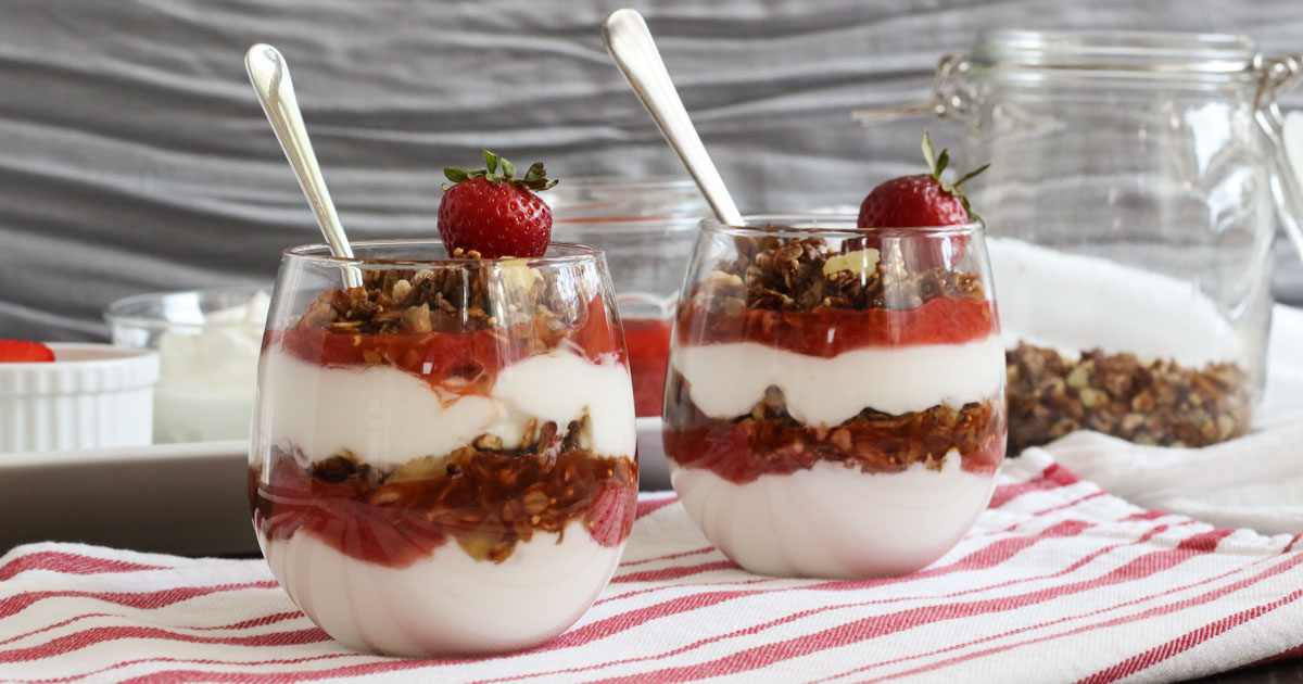 granola and yogurt parfaits with strawberry rhubarb compote | tasty seasons