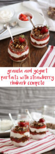 granola and yogurt parfaits with strawberry rhubarb compote make a great breakfast, snack, or dessert, perfect for early summer.