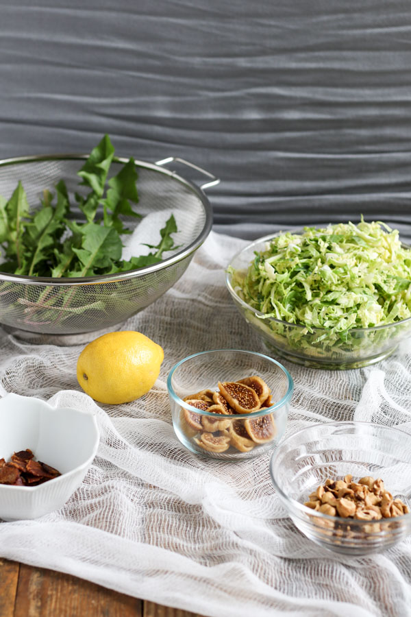 dandelion greens, figs, toasted hazelnuts, and bacon salad is a delicious way to use weeds from your yard (or farmers’ market). gluten/dairy free.