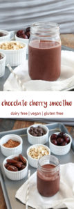 this chocolate cherry smoothie has just 6 mostly whole food ingredients but definitely tastes like dessert. dairy free/vegan, gluten free.
