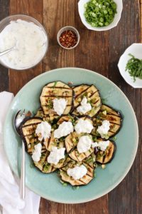grilled eggplant with tzatziki, feta, and mint is easy to prepare and has delicious, bold mediterranean flavors. dairy free/vegan version.