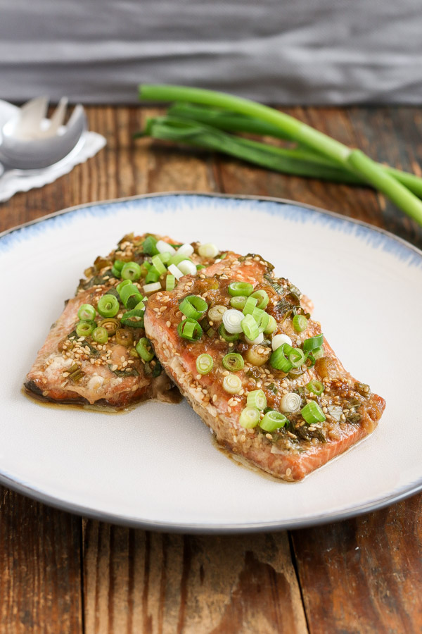 sesame ginger salmon is delicious and easy, thanks to a simple, flavor packed marinade that comes together quickly. gluten/dairy free.