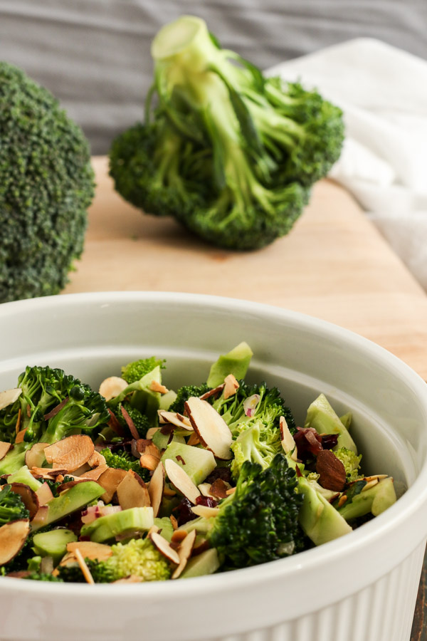 broccoli salad with dried cranberries and almonds is perfect for fall, as it’s crunchy and bright and includes dried cranberries and toasted nuts.