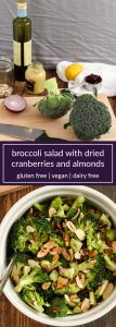 broccoli salad with dried cranberries and almonds is perfect for fall, as it’s crunchy and bright and includes dried cranberries and toasted nuts. #dairyfree #glutenfree