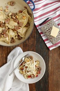 pierogies with sautéed apples and sausage are perfect for busy fall weeknights as the recipe is fast and tastes like fall with apples and herbs.