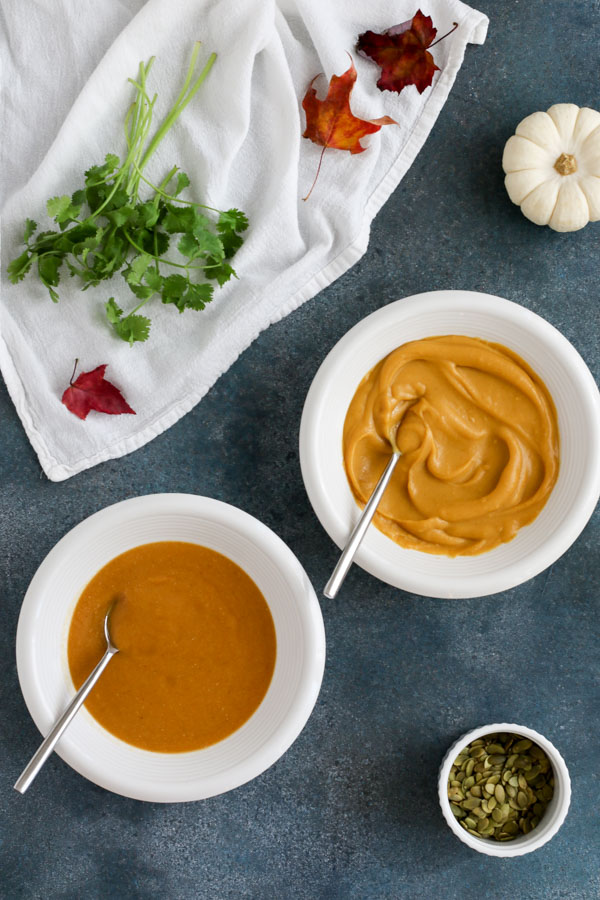 red lentil pumpkin soup gets a spicy kick from fresh ginger and cooks quickly so you can enjoy it on a weeknight. vegan and gluten free.