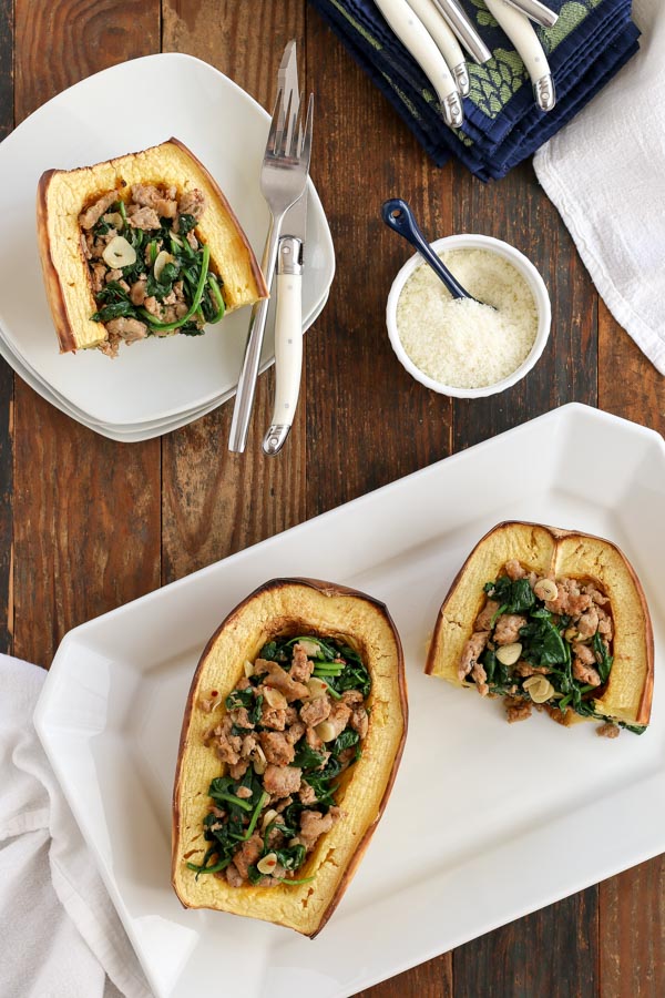 spaghetti squash bowls with sausage and spinach have a delicious savory flavor, are mostly hands-off, and are incidentally gluten and dairy free!