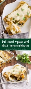 butternut squash and black bean enchiladas are a hearty vegetarian dinner that’s perfect for fall or winter. tomatillo salsa adds flavor and heat. #dinner #recipe #enchiladas #vegetarian