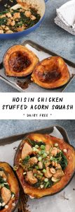 hoisin chicken stuffed acorn squash is packed with flavor from an enhanced hoisin sauce. chicken and spinach make it a meal in a bowl. #squash #chicken #dairyfree