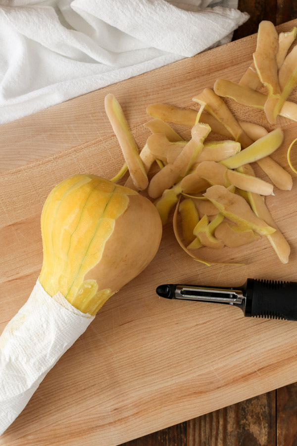 a quick tutorial on how to peel and cut butternut squash the easy way – without it slipping out of your hands or cutting yourself.