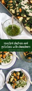 roasted chicken and potatoes with chimichurri is an easy recipe that’s packed with flavor. everything cooks on sheet pans for fast cleanup. #chicken #recipe #glutenfree #dairyfree