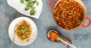 chana masala (chick peas with spices) is delicious, hearty, and ready in 50 minutes. gluten and dairy free, it’s great for feeding a crowd.