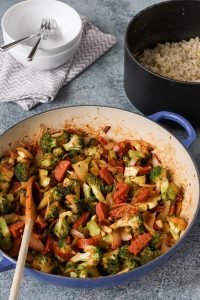 chorizo, broccoli, and rice skillet meal is ready in just 25 minutes, using simple, flavorful ingredients. gluten/dairy free.